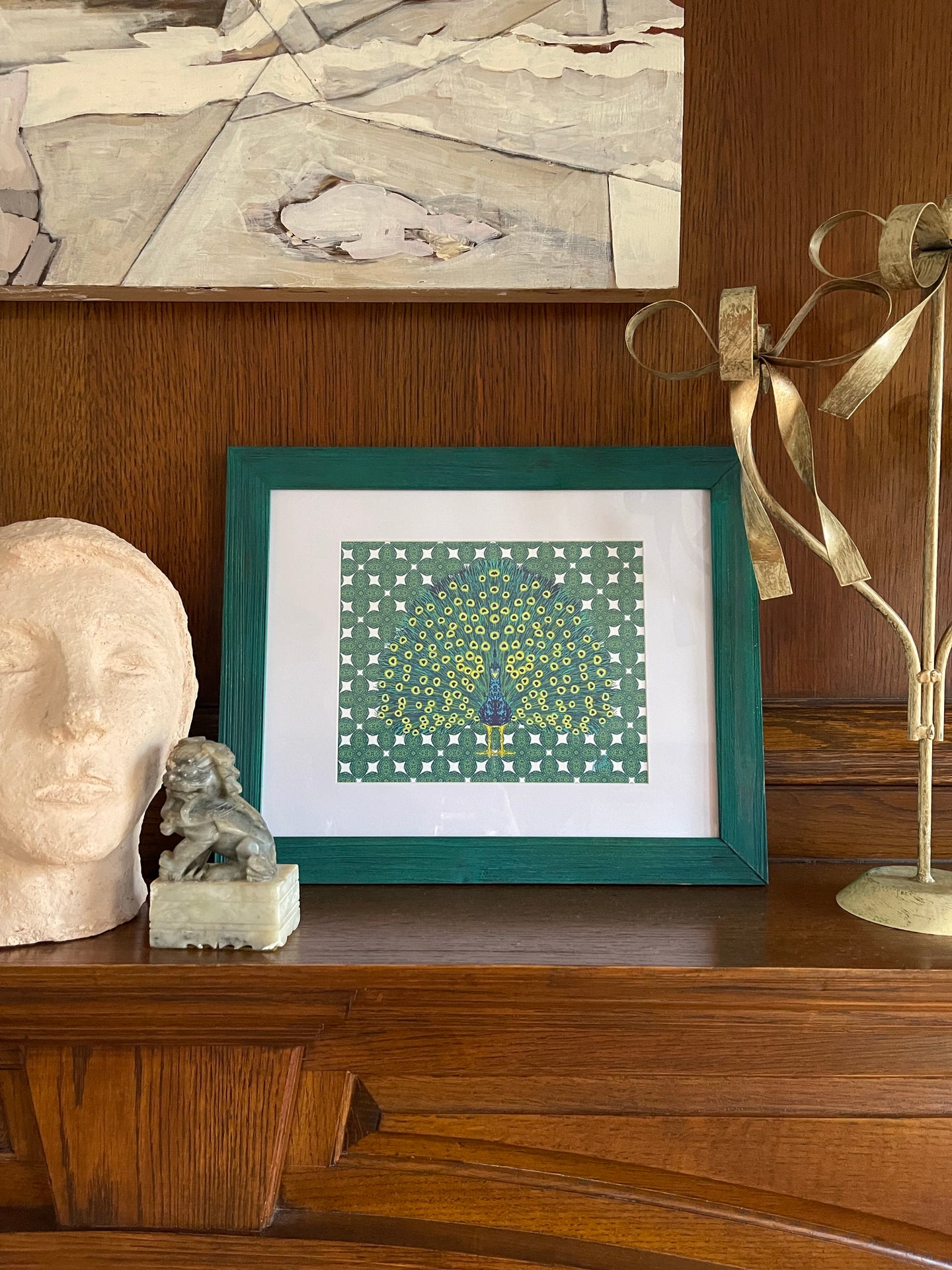 Hand Painted Framed Peacock Fine Art Print - various backgrounds