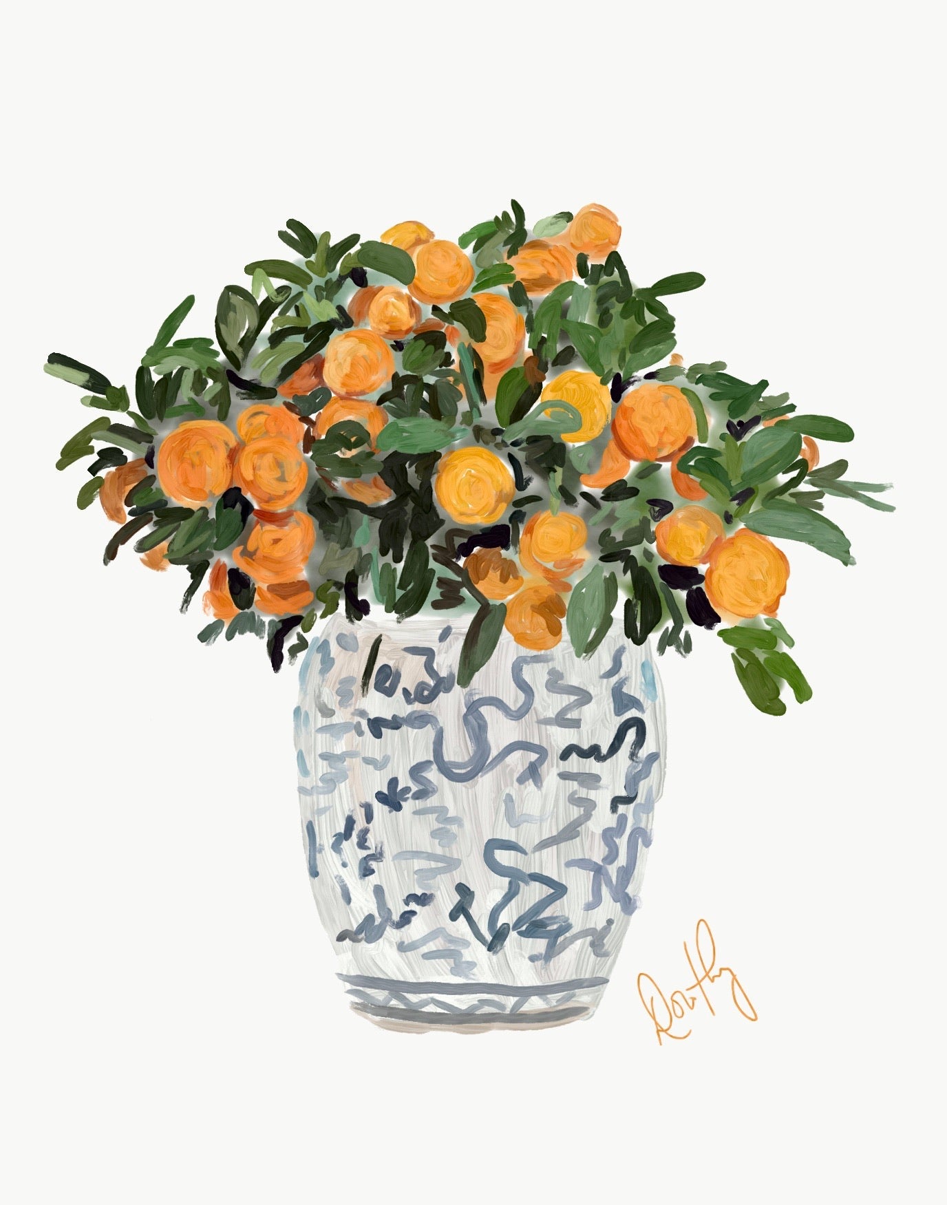 Orange Floral Blue and White