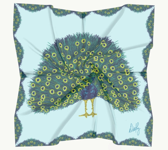 Silk Scarf - Peacock in Light Blue