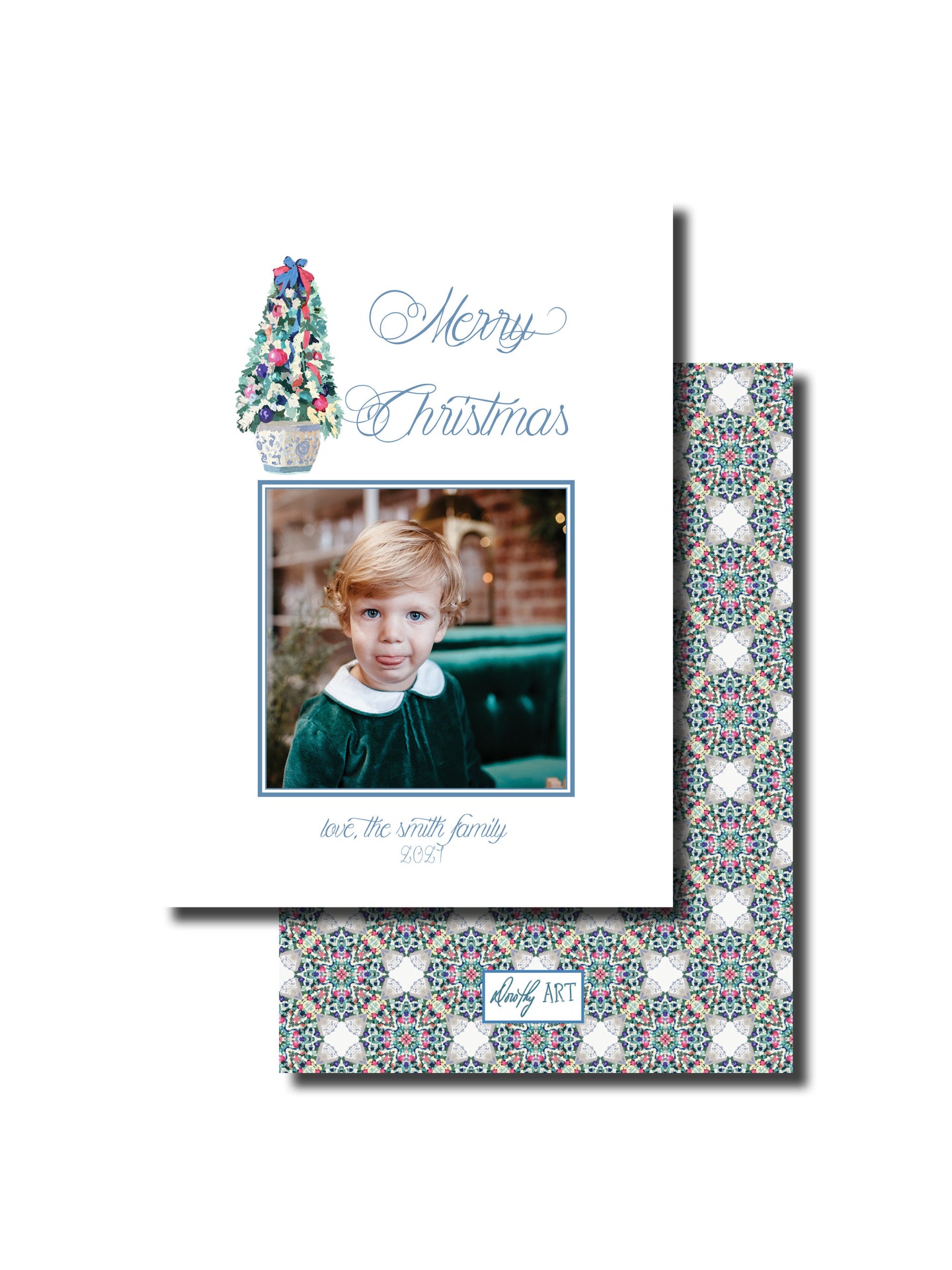 blue and white topiary holiday card - vertical