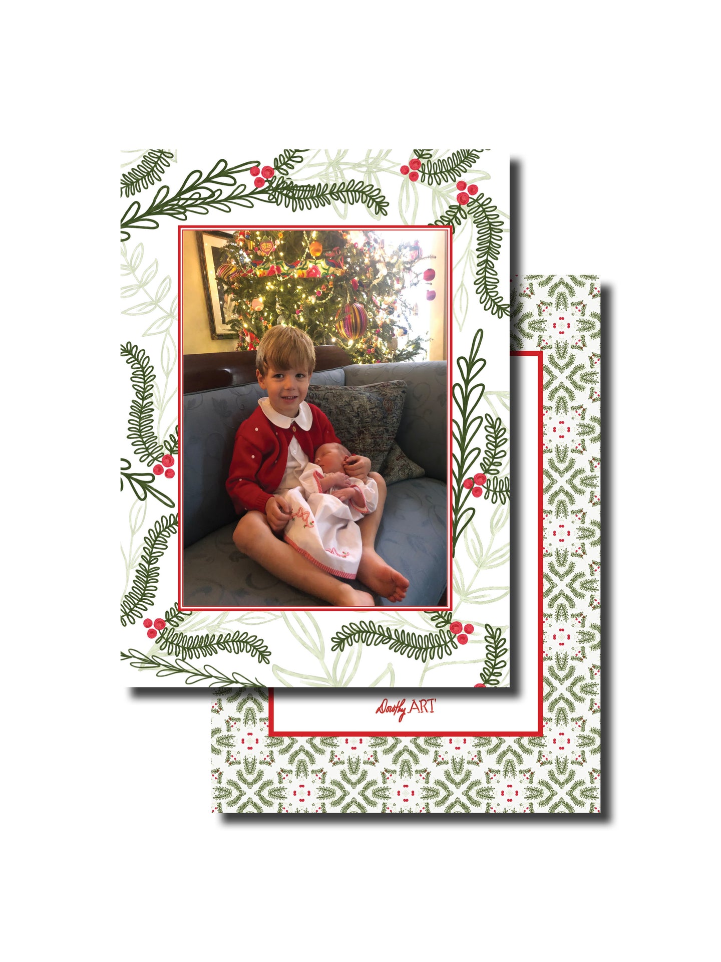 holly border pattern white holiday card