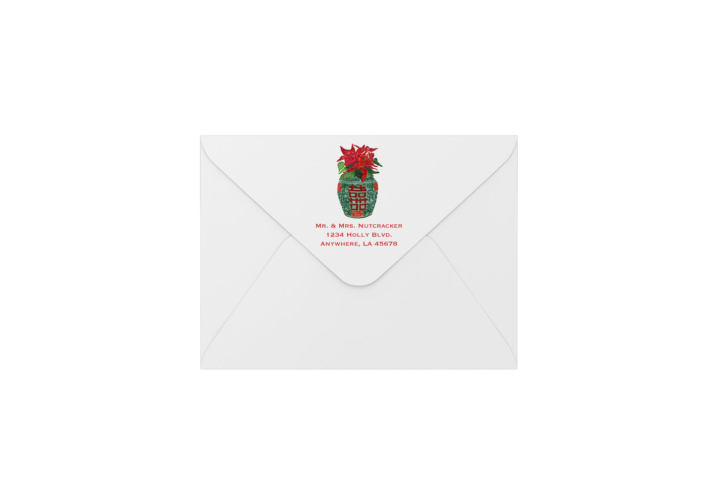 double happiness jar + poinsettia envelopes - address printing