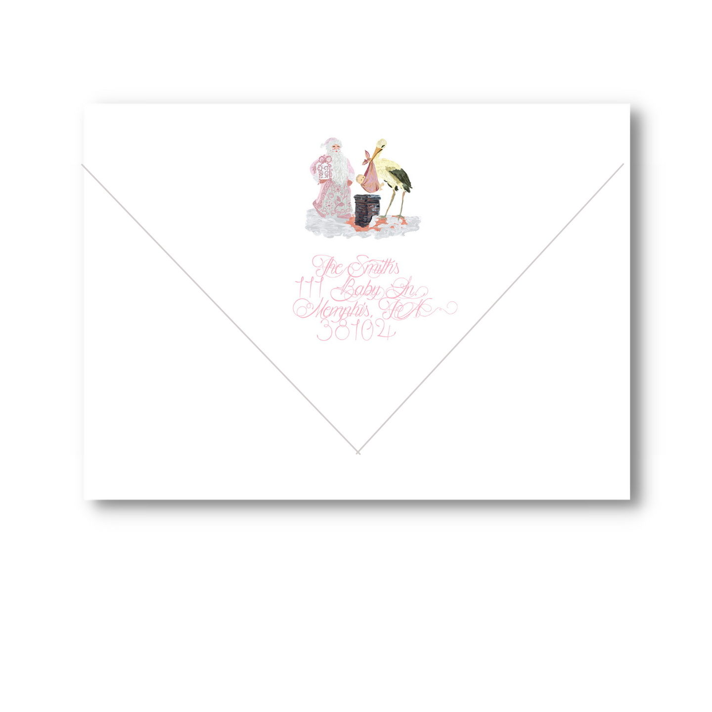 stork and santa in pink envelopes - address printing