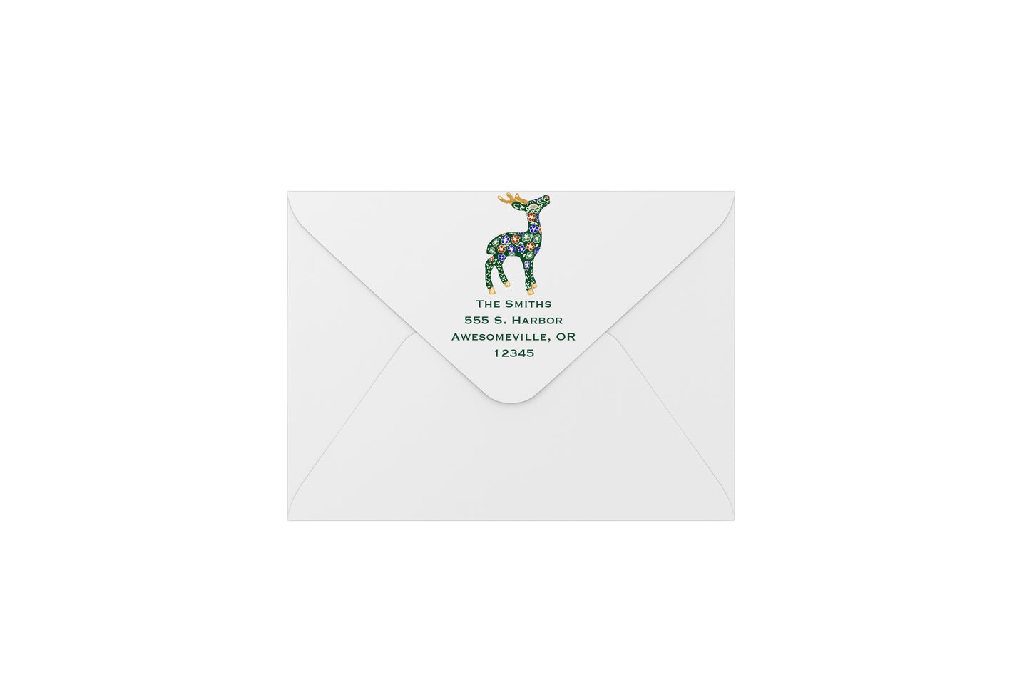cloisonne deer in green envelopes - address printing